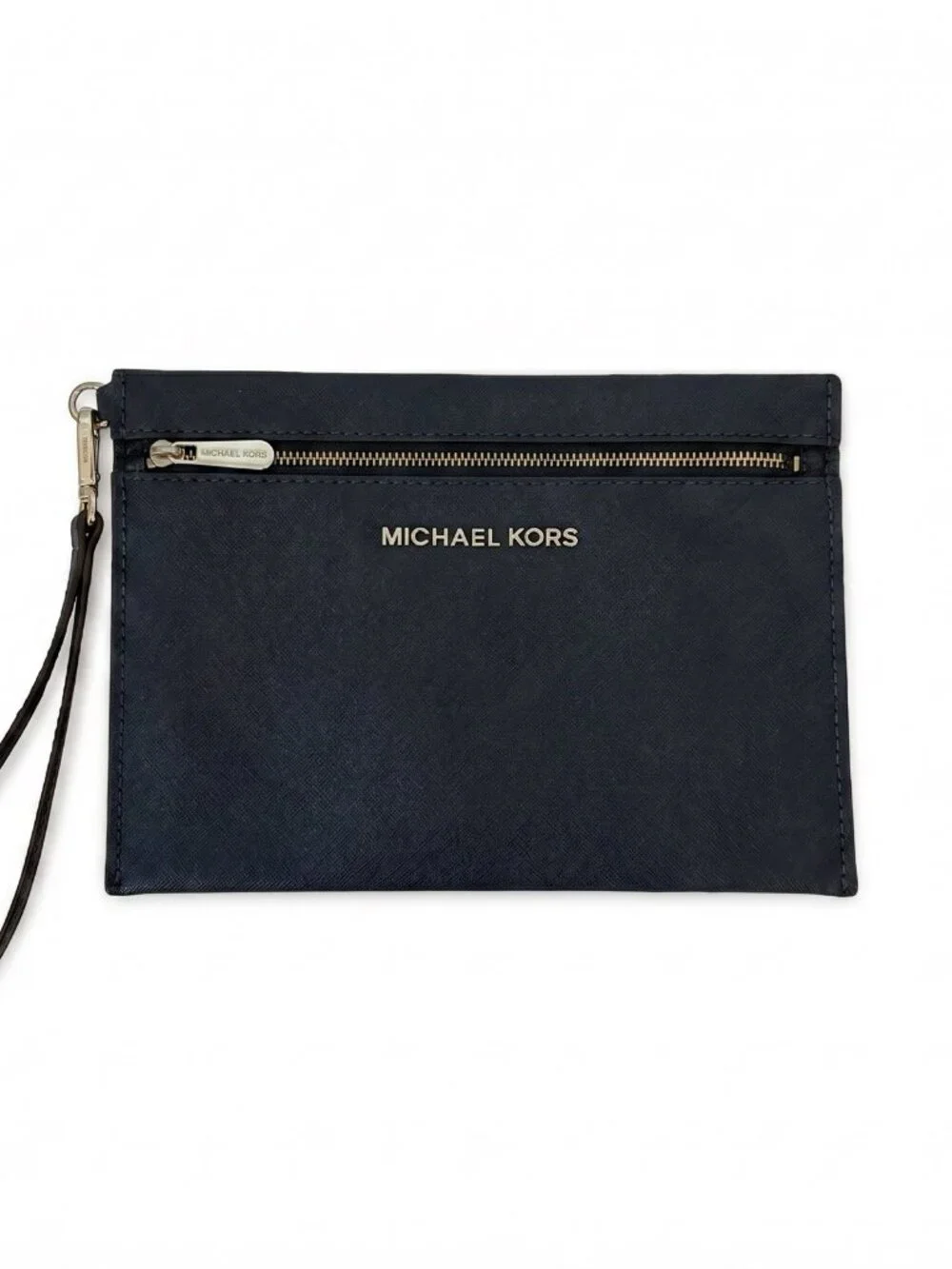 Michael Kors Black Leather Flat Pouch Wristlet Clutch Wallet Front Zip Gold